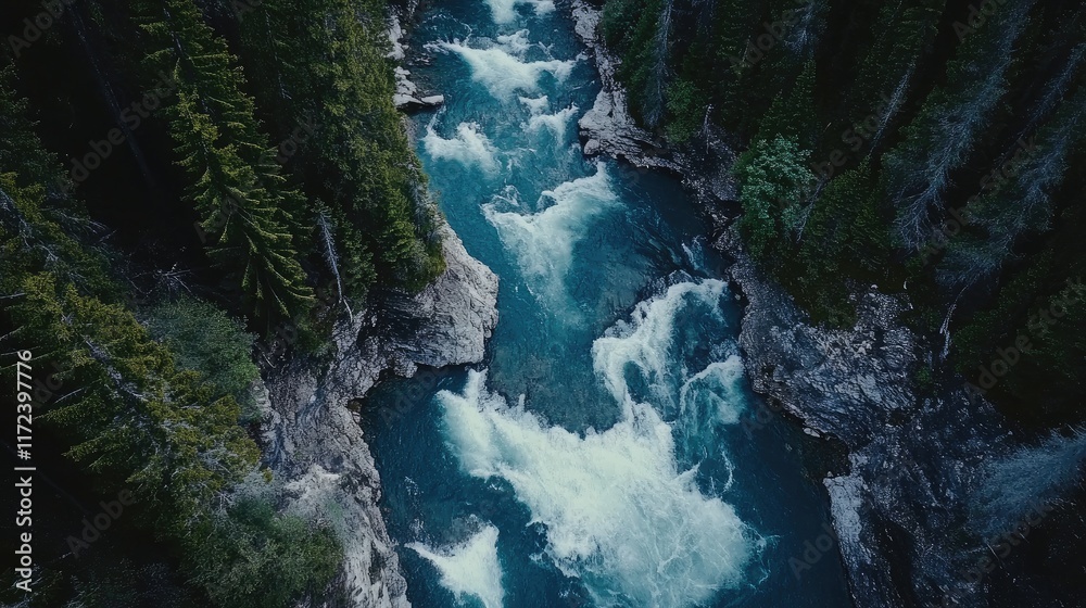 Poster Aerial view of a river with swirling waters and scattered ice chunks surrounded by a lush forest creating a captivating natural mosaic