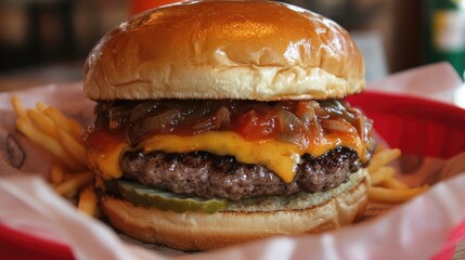 Juicy hamburger with melted cheese and rich toppings served with crispy fries in a vibrant restaurant setting