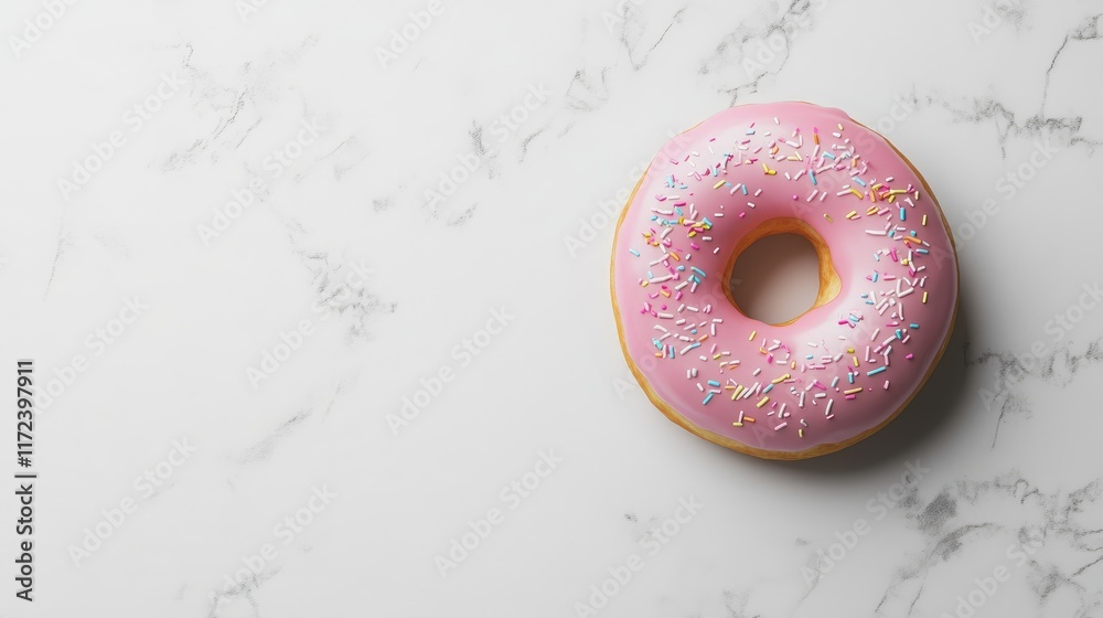 Poster pink frosted donut with colorful sprinkles on a marble background for a delicious dessert or bakery 
