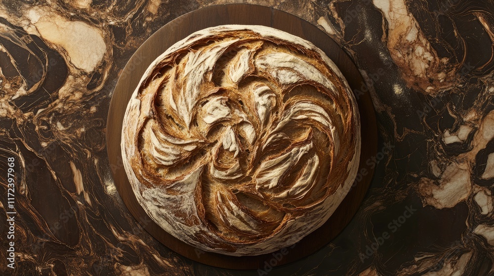 Poster artisan bread loaf on wooden board with elegant marble background showcasing intricate crust texture