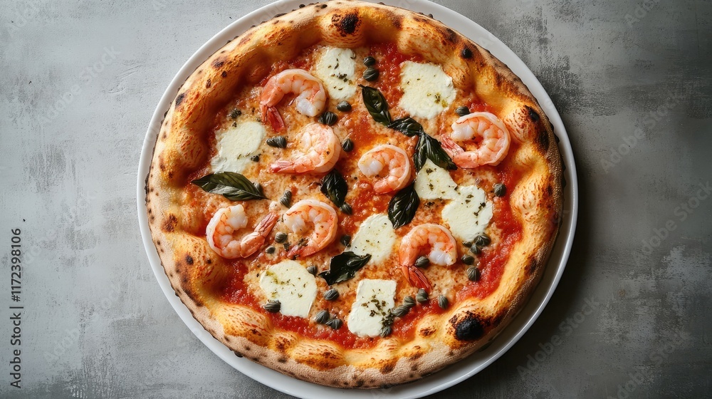 Poster fresh overhead view of round pizza topped with shrimp mozzarella cheese tomato sauce and capers on a