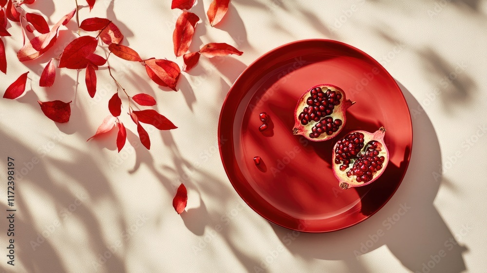 Poster overhead view of a vibrant pomegranate on a red plate surrounded by autumn leaves showcasing natural