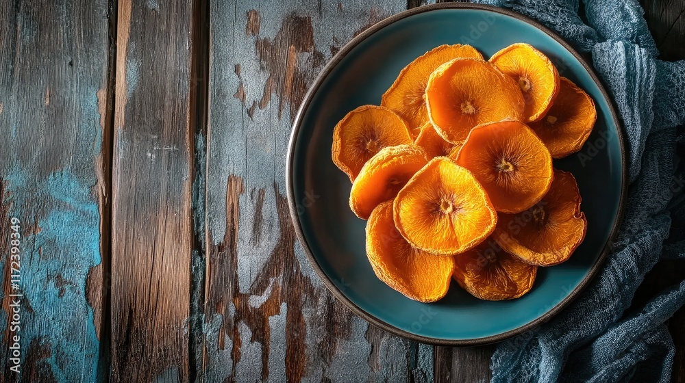 Aufkleber overhead view of vibrant sun dried persimmons on rustic wooden table with blue plate and textured fa