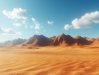 Naklejka premium A serene desert landscape with gentle dunes and distant mountains under a clear blue sky.