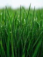 Naklejka premium Close-up of lush green grass blades glistening with droplets of water.