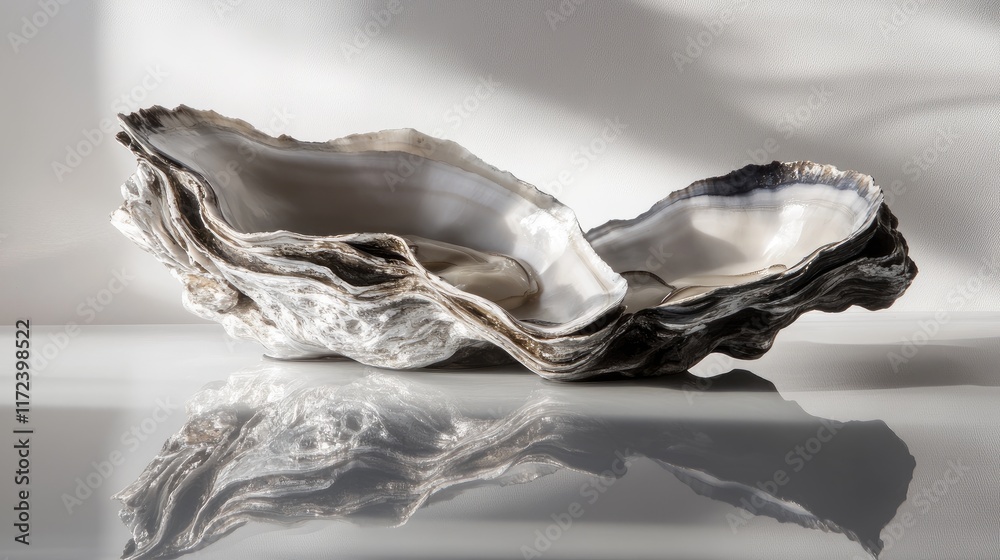 Poster elegant oyster shells reflecting light on a smooth surface showcasing natural textures and colors fo