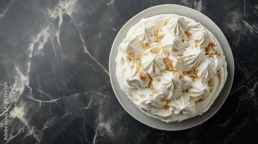 Poster overhead view of a traditional pavlova dessert topped with whipped cream and meringue swirls on a ma