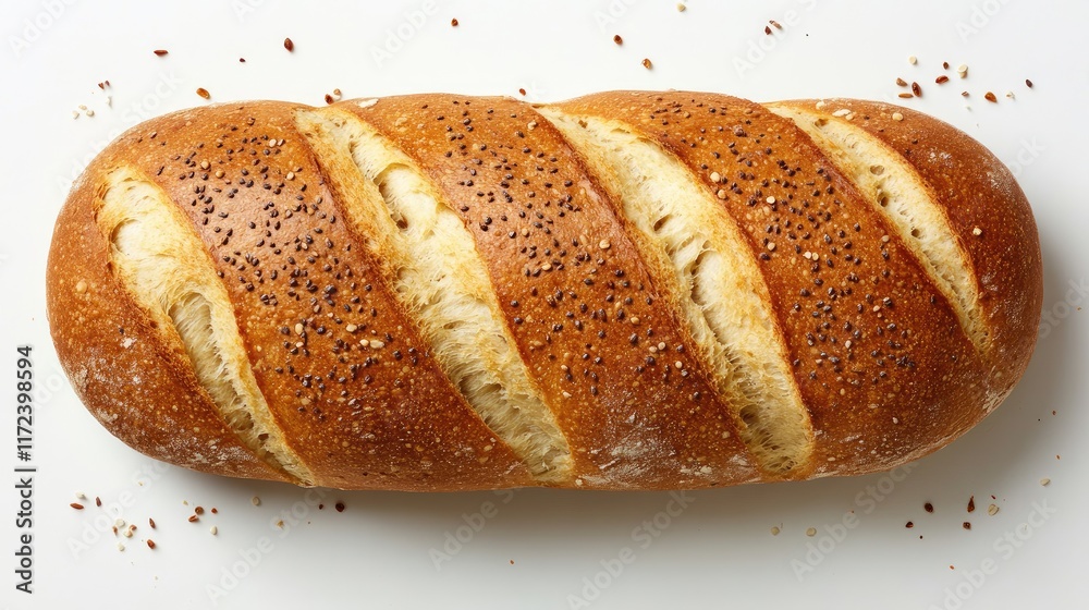 Poster whole grain sourdough bread loaf with visible scoring on a clean white background showcasing a rusti