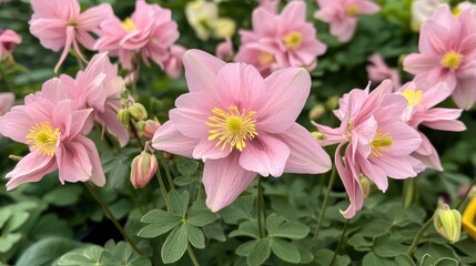 Pink Columbine flowers in full bloom showcasing delicate petals and vibrant yellow centers, perfect for nature and gardening themes.