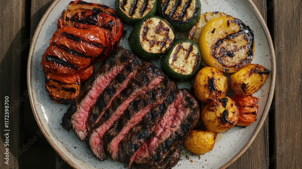 Poster overhead view of grilled steak accompanied by a colorful assortment of charred vegetables on a rusti