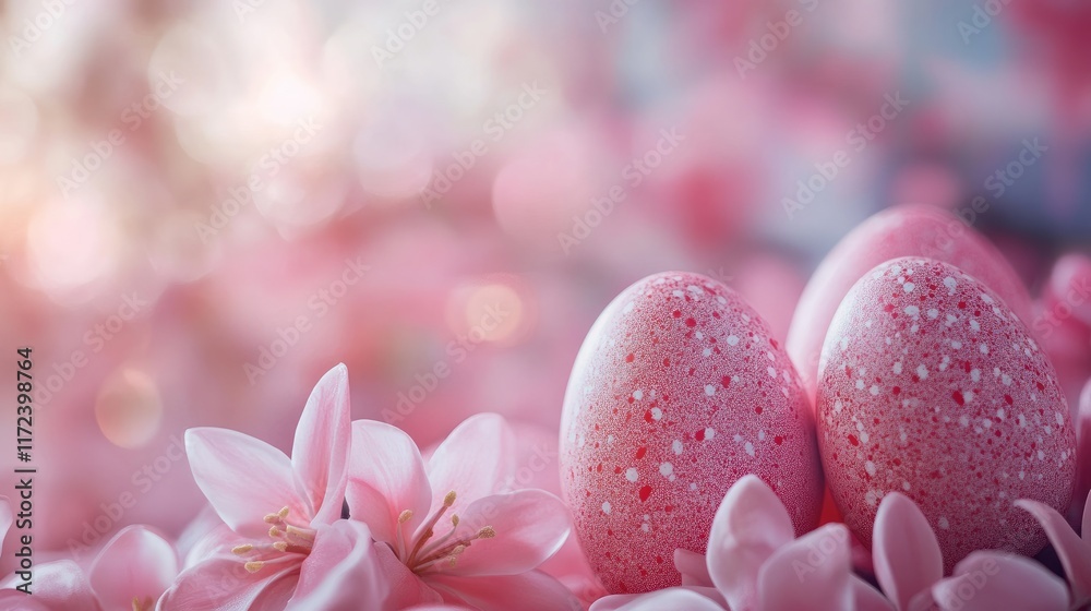 Aufkleber pink easter eggs surrounded by delicate flowers and soft bokeh background creating a serene and fest