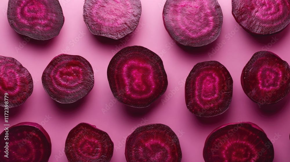Poster overhead view of vibrant organic beetroot slices arranged on a pink surface showcasing rich colors a