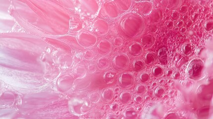 Pink chrysanthemum macro with delicate water droplets highlighting intricate floral textures and vibrant colors in a soft focus background.