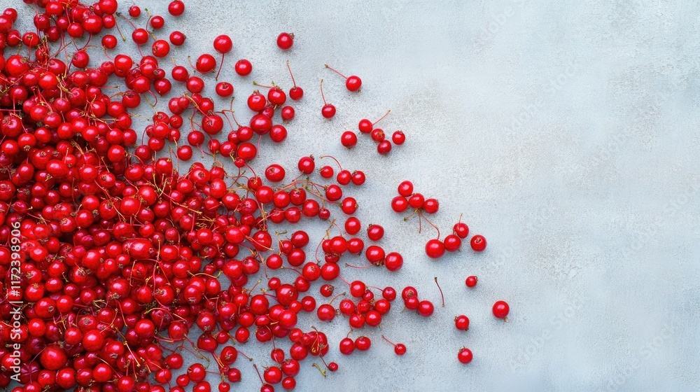 Poster overhead view of vibrant red berries scattered on a textured countertop background showcasing natura