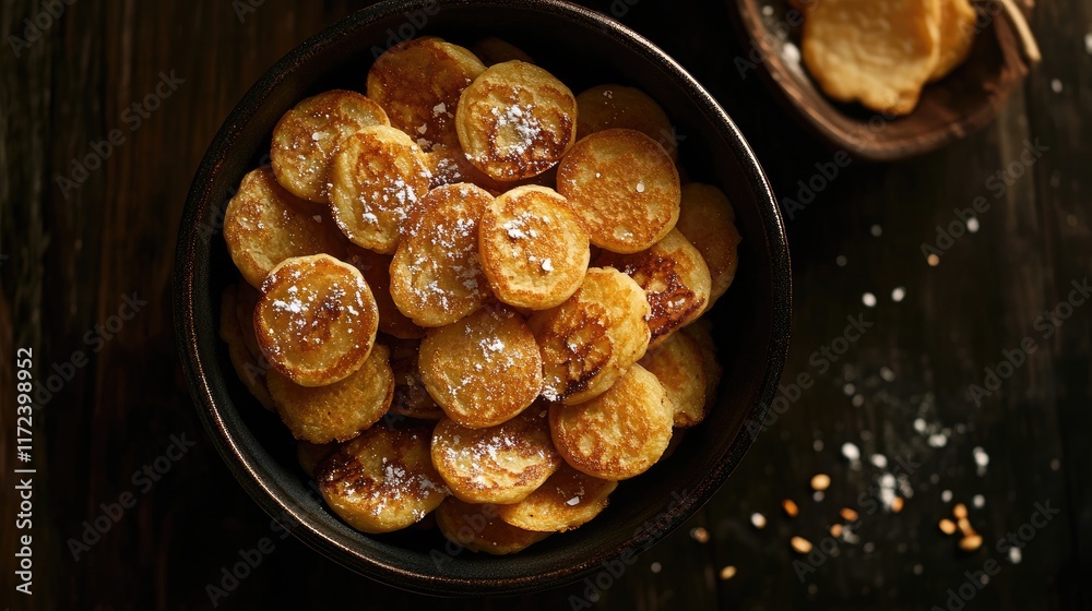 Poster overhead view of delicious golden pancakes in a rustic bowl on a dark wooden table with powdered sug