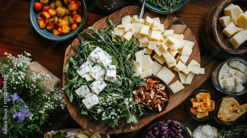 Poster Rustic overhead view of assorted fresh summer salad with various cheeses and mixed greens on a wooden serving platter