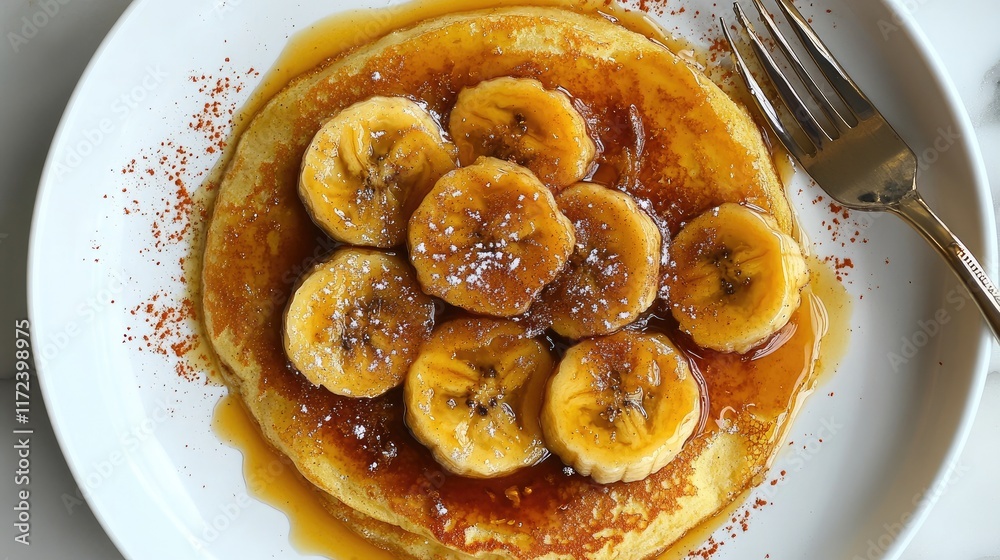 Poster overhead view of fluffy pancakes topped with caramelized bananas and syrup for a delicious breakfast