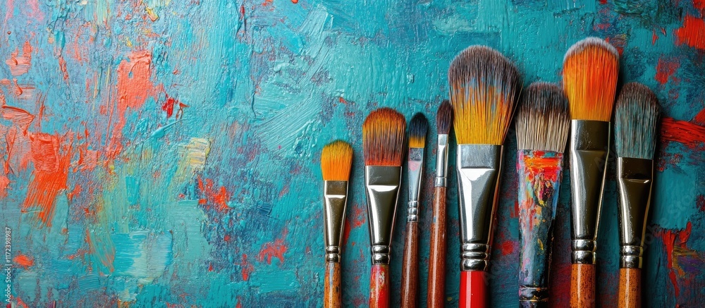Poster artistic paintbrushes lined up beside colorful paint samples on a creative blueprint background for 