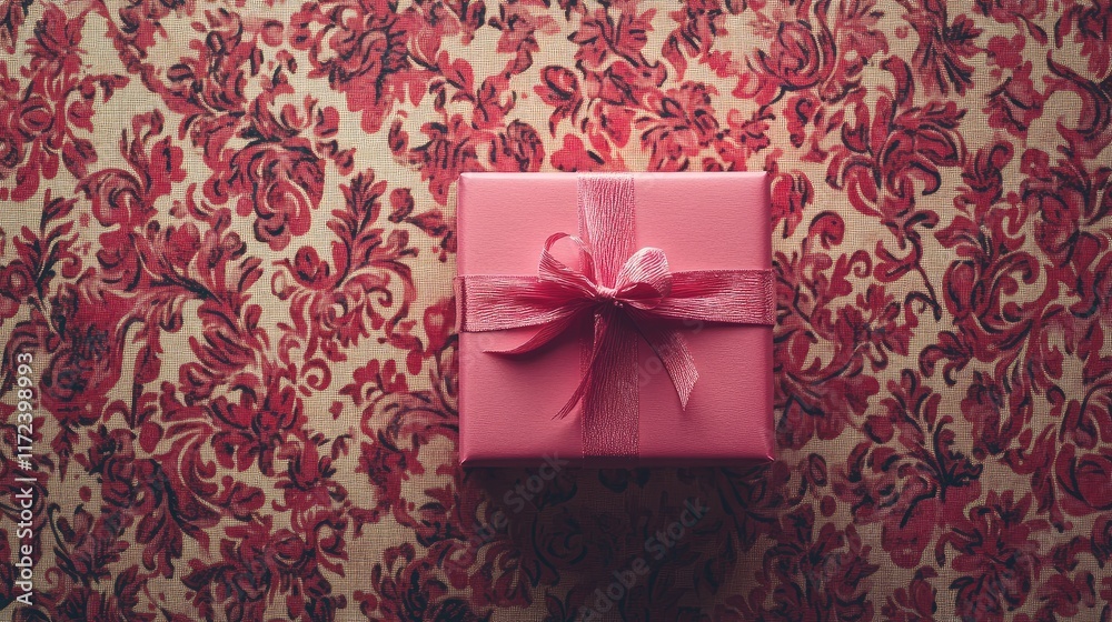 Poster overhead view of a pink gift box atop ornate floral patterned background with ample space for text o
