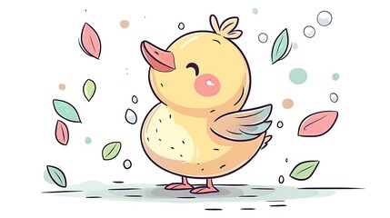 A playful duckling waddling with pastel raindrops gently falling around, blushing cheeks, soft pastel tones, minimalistic white background, hand-drawn in kawaii-inspired style, hd quality,