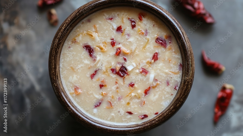Poster detailed aerial view of flavorful coconut soup garnished with vibrant red chiles on a rustic backgro