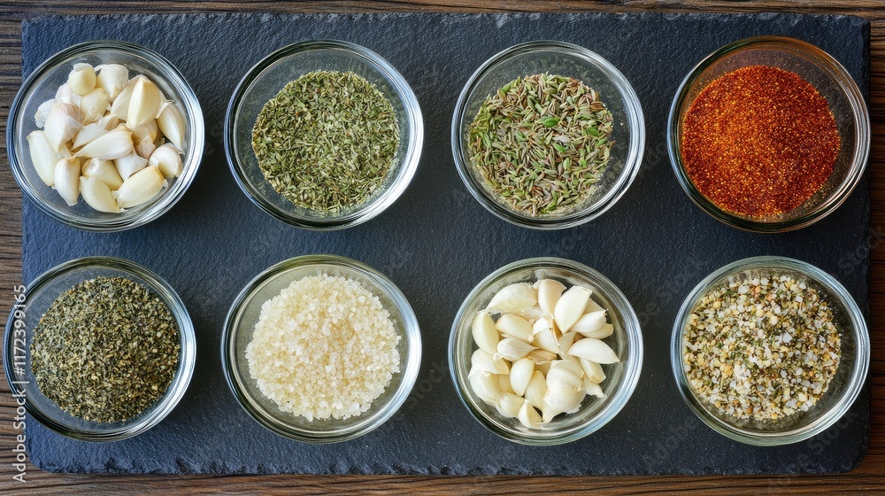 Aufkleber overhead view of assorted garlic and herb spices in glass dishes on slate with dark wood table backg