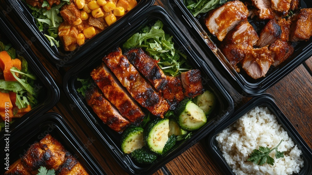 Poster overhead view of diverse healthy lunch boxes featuring grilled meats and fresh vegetables on a rusti