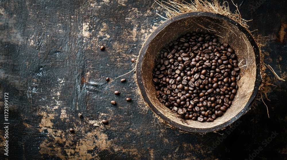 Poster Overhead view of roasted coffee beans displayed in a coconut shell on a textured rustic wood background for still life photography.