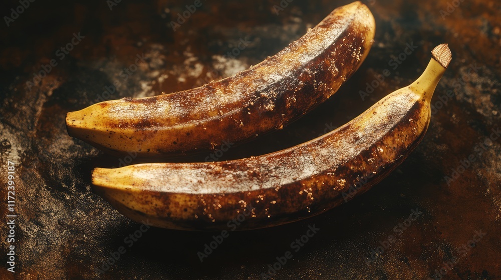 Poster overripe bananas with brown spots placed on a rustic wooden surface highlighting their texture and c