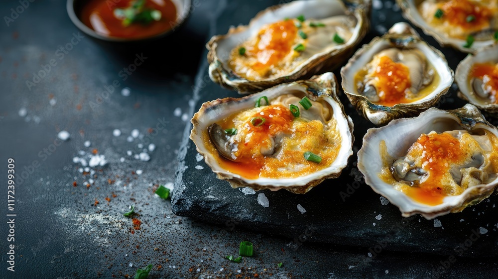 Poster oyster omelette topped with hot sauce served on slate with fresh herbs and spices in a dark rustic s