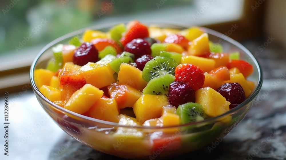 Poster colorful fresh fruit salad with kiwi raspberry and mango in a bowl on kitchen counter with natural l