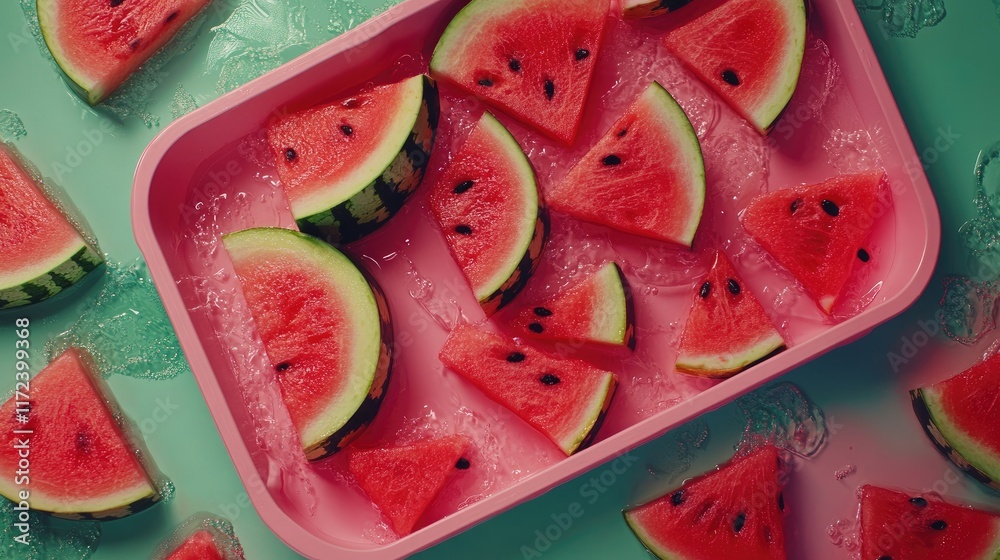 Aufkleber overhead view of vibrant watermelon slices arranged on a pink tray with ice for a refreshing summer 