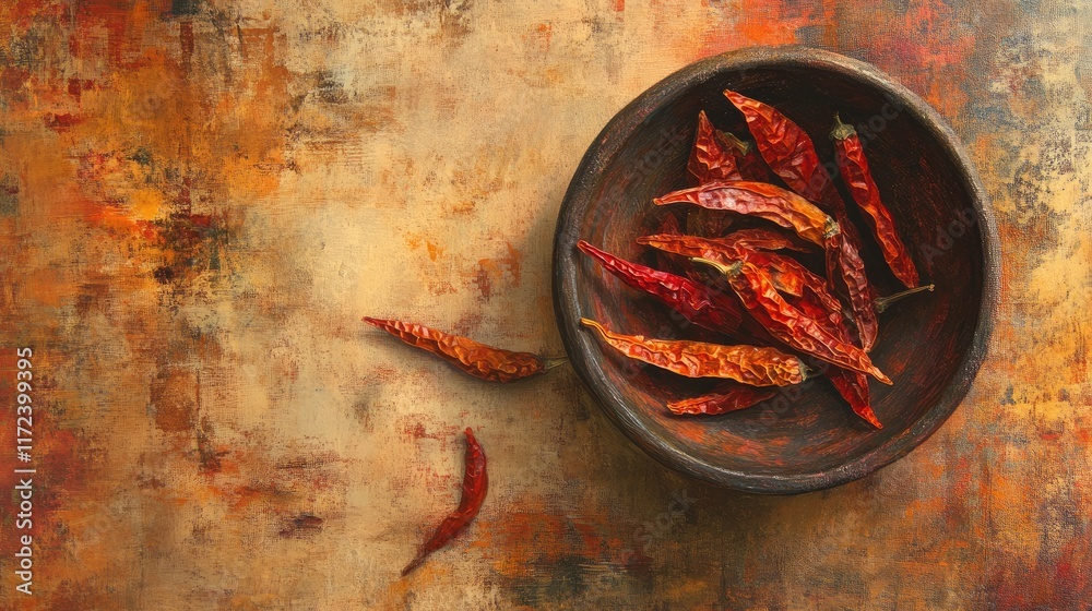 Poster overhead view of dried chili peppers in a rustic bowl on a textured background showcasing warm earth