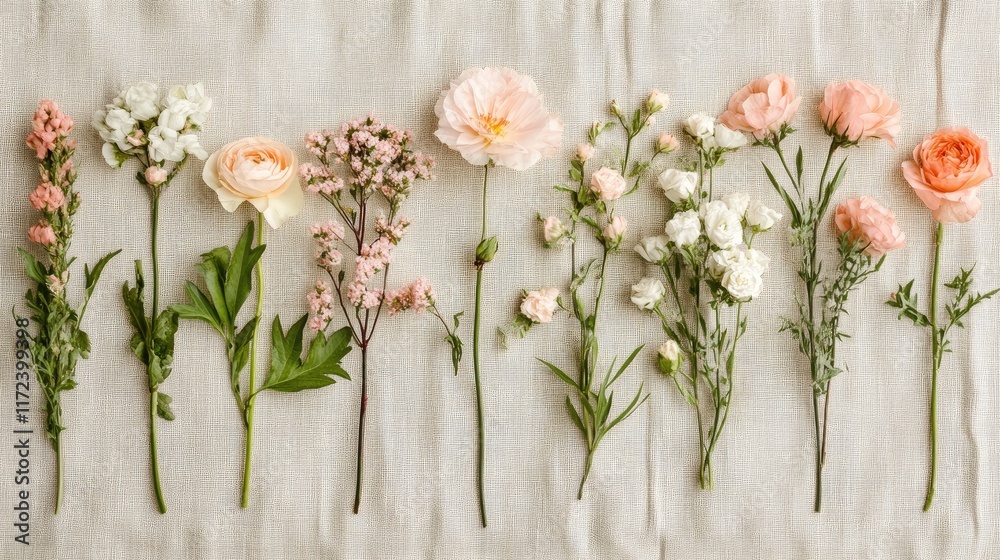 Aufkleber Arrangement of pastel flowers in a row on a soft linen background creating a delicate floral composition for elegant design concepts