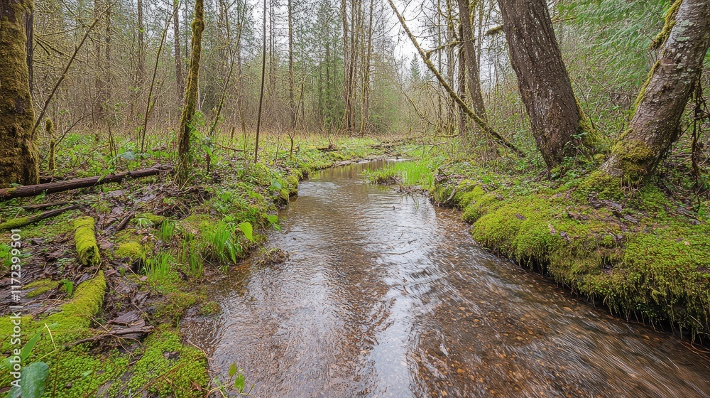 Aufkleber lush green forest stream surrounded by mossy banks and tall trees in a tranquil woodland setting.
