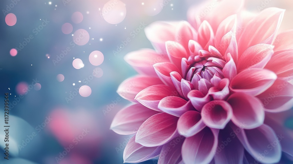 Poster vibrant pink dahlia flower blooming in a serene garden setting with soft bokeh background and gentle