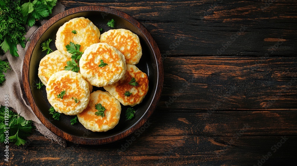 Poster baked cottage cheese pancakes arranged on a dark wooden table with fresh parsley and space for text 