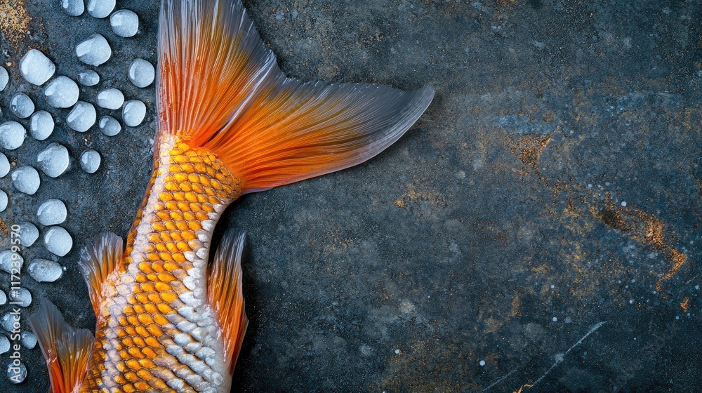 Poster Overhead view of colorful fish tail with ice cubes on stone surface and ample copy space for food-related designs and advertisements