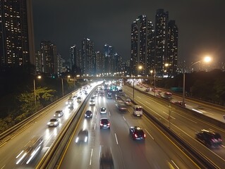 Obraz premium Night traffic on a highway with city skyline in the background.