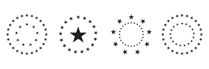 Print Stars of various sizes arranged in a circle. Round frame, border. Black star shape, simple symbol. Design element, ornament. © Aquavisionweath6