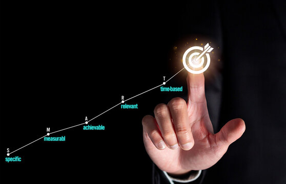 Smart goal setting (specific, measurable, achievable, relevant, time-based), business target and goal concept for presentations and reports, coach the way of setting goals, objectives and success