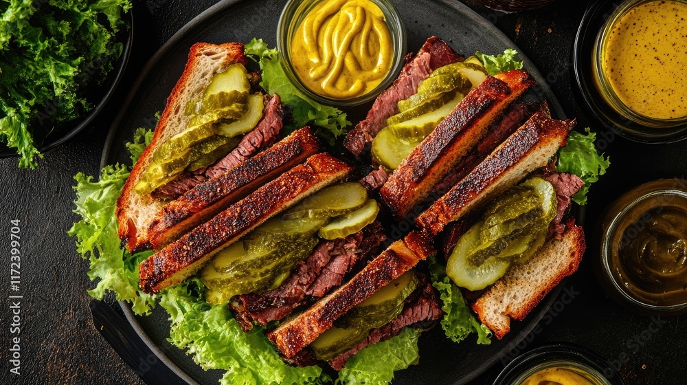 Aufkleber overhead view of open sandwiches garnished with pickles lettuce mustard served on a black plate for 