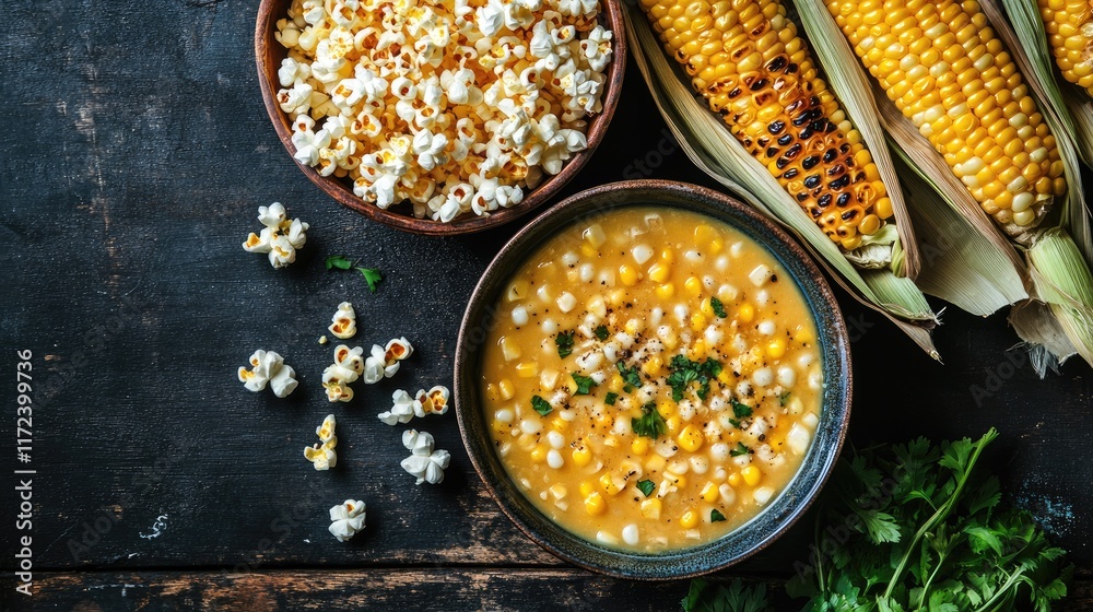 Poster overhead view of popcorn grilled corn and creamy corn soup served with fresh herbs in rustic bowls o