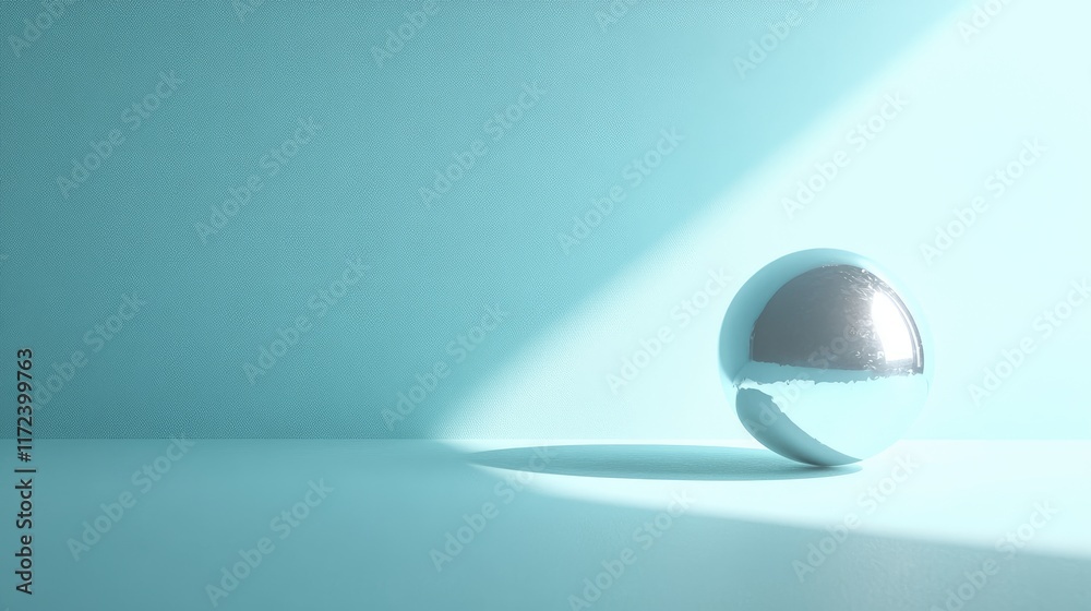 Poster minimalistic studio shot of a reflective disco ball on a light blue background ideal for music event