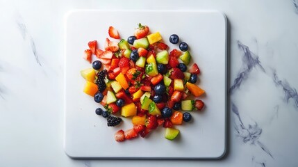 Colorful fruit salad arrangement on a white cutting board showcasing fresh strawberries, blueberries, cantaloupe, and green melon pieces.