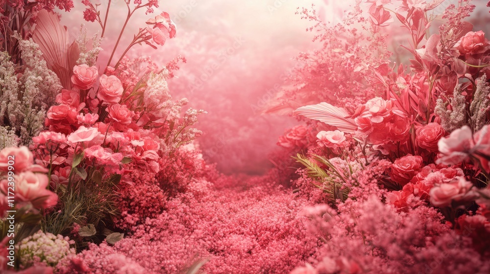 Poster serene pink floral garden pathway with soft lighting creating a dreamy atmosphere for backgrounds or