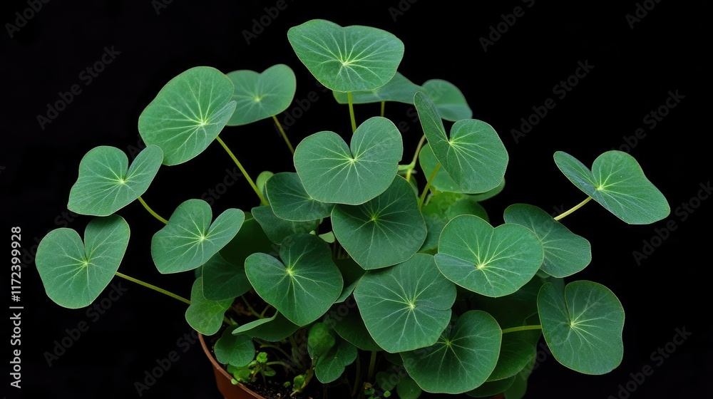 Aufkleber Oxalis triangularis triangular leafy plant with vibrant green leaves and distinct triangular shape against a black background