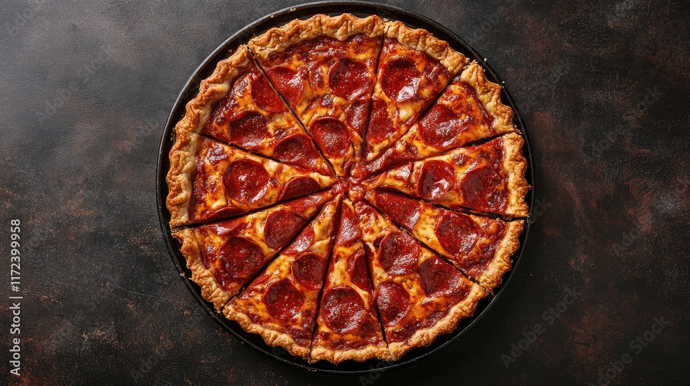 Poster overhead view of a freshly baked pepperoni pizza sliced into equal pieces on a dark rustic surface