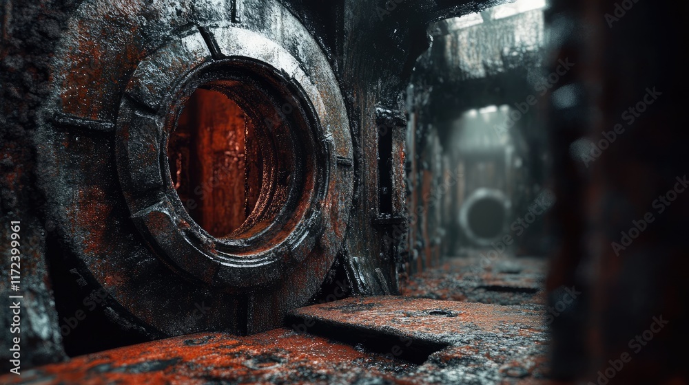 Poster Rusty industrial corridor with oxidized surfaces and weathered metal textures creating an atmospheric, abandoned setting for visuals.