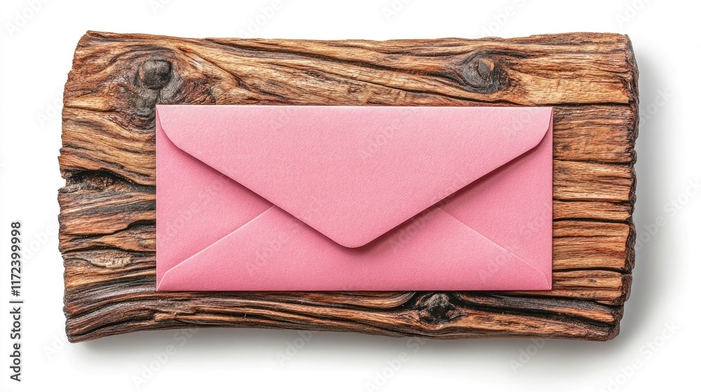 Poster pink envelope on rustic wooden surface isolated on white background ideal for correspondence and cre